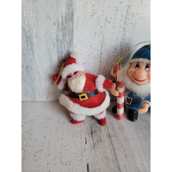 Vintage flocked Santa Claus elf ornament Xmas set unique - Picture 2 of 7